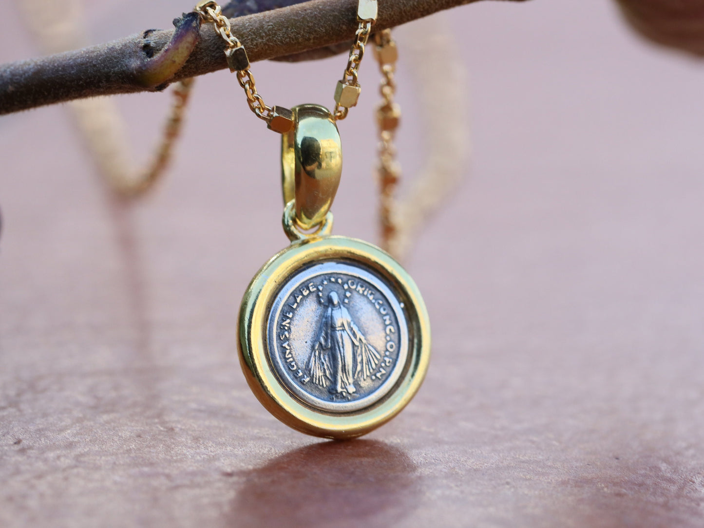 Miniature Miraculous Medal, sterling silver 925 Our Lady of Grace medal, catholic charm for teenage, dainty Miraculous Medal, two tone medal