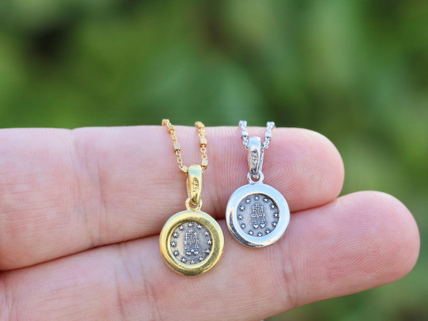Miniature Miraculous Medal, sterling silver 925 Our Lady of Grace medal, catholic charm for teenage, dainty Miraculous Medal, two tone medal