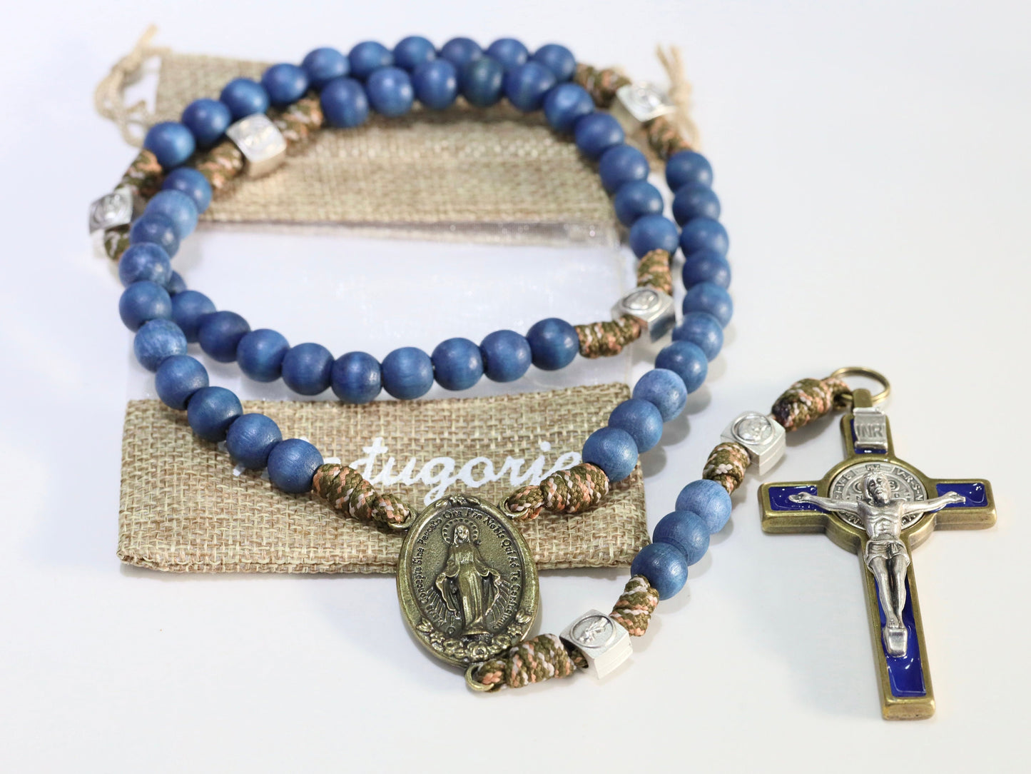 Rosario paracord para hombre, cuentas de rosario azul marino, rosario católico grande, rosario con crucifijo de San Benito y Medalla Milagrosa, regalo para hombre