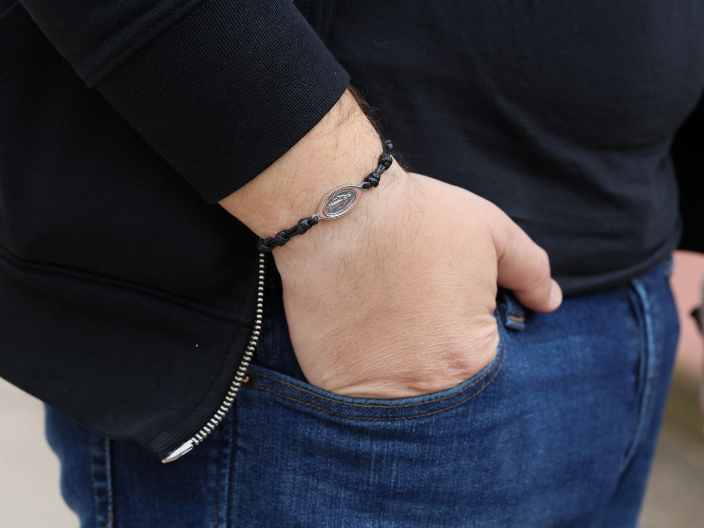 Pulsera Medalla Milagrosa, pulsera de plata de ley, pulsera de cordón negro para hombre, pulsera rosario, pulsera con nudos, pulsera católica
