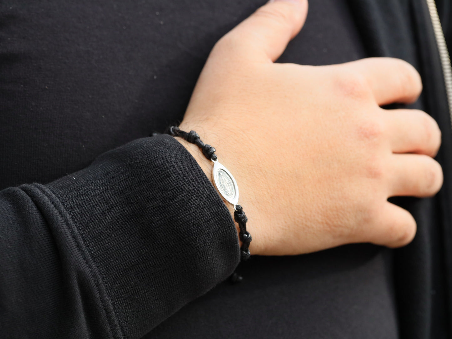 Pulsera Medalla Milagrosa, pulsera de plata de ley, pulsera de cordón negro para hombre, pulsera rosario, pulsera con nudos, pulsera católica