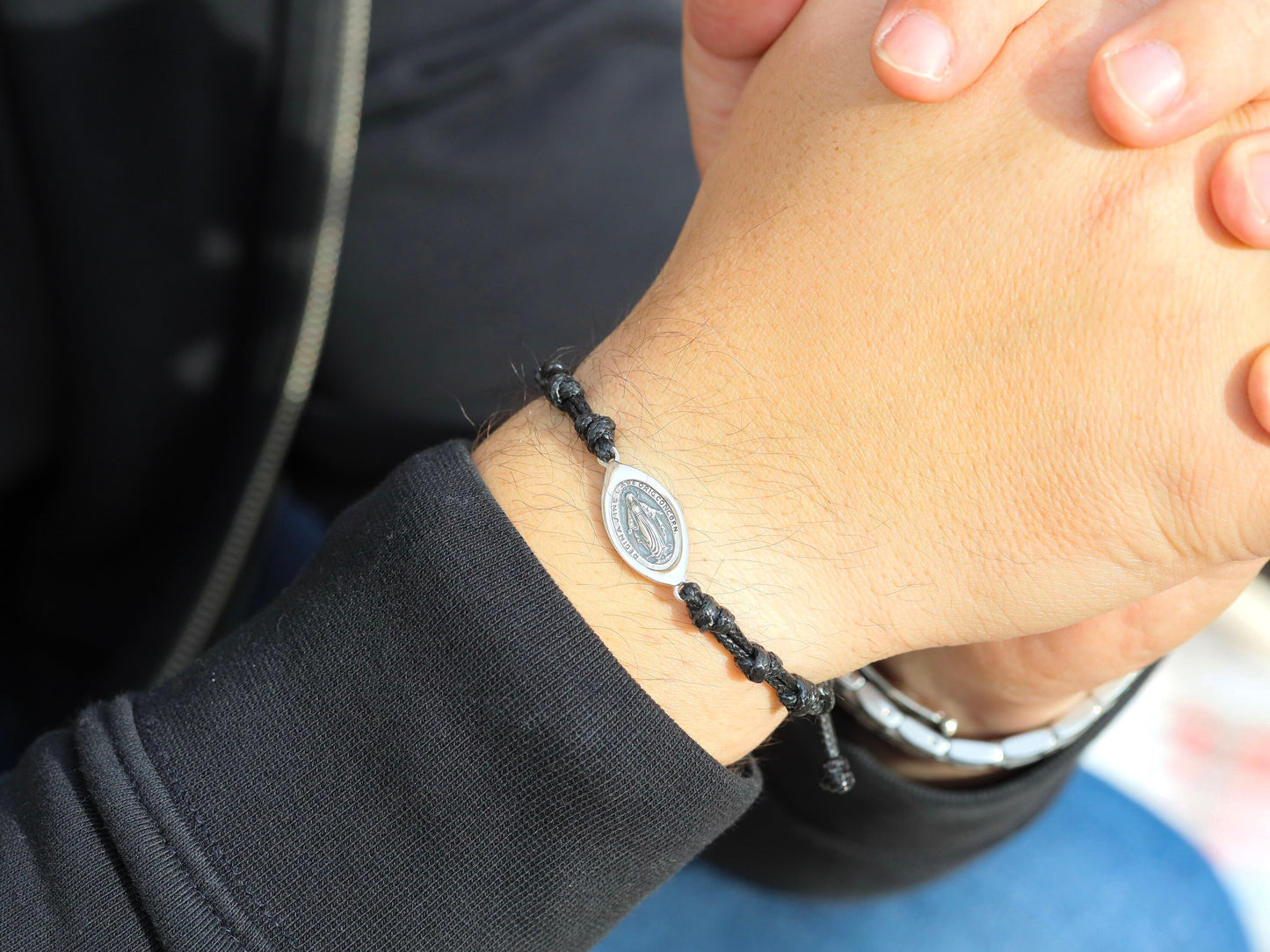 Pulsera Medalla Milagrosa, pulsera de plata de ley, pulsera de cordón negro para hombre, pulsera rosario, pulsera con nudos, pulsera católica