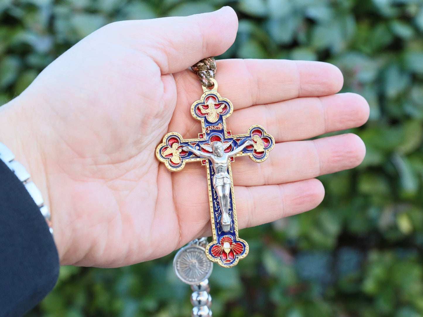 Rosario crucifijo de la Santísima Trinidad, cuentas de rosario paracord, rosario de acero inoxidable para hombre, cuentas de rosario de alta resistencia, grandes cuentas de rosario católico