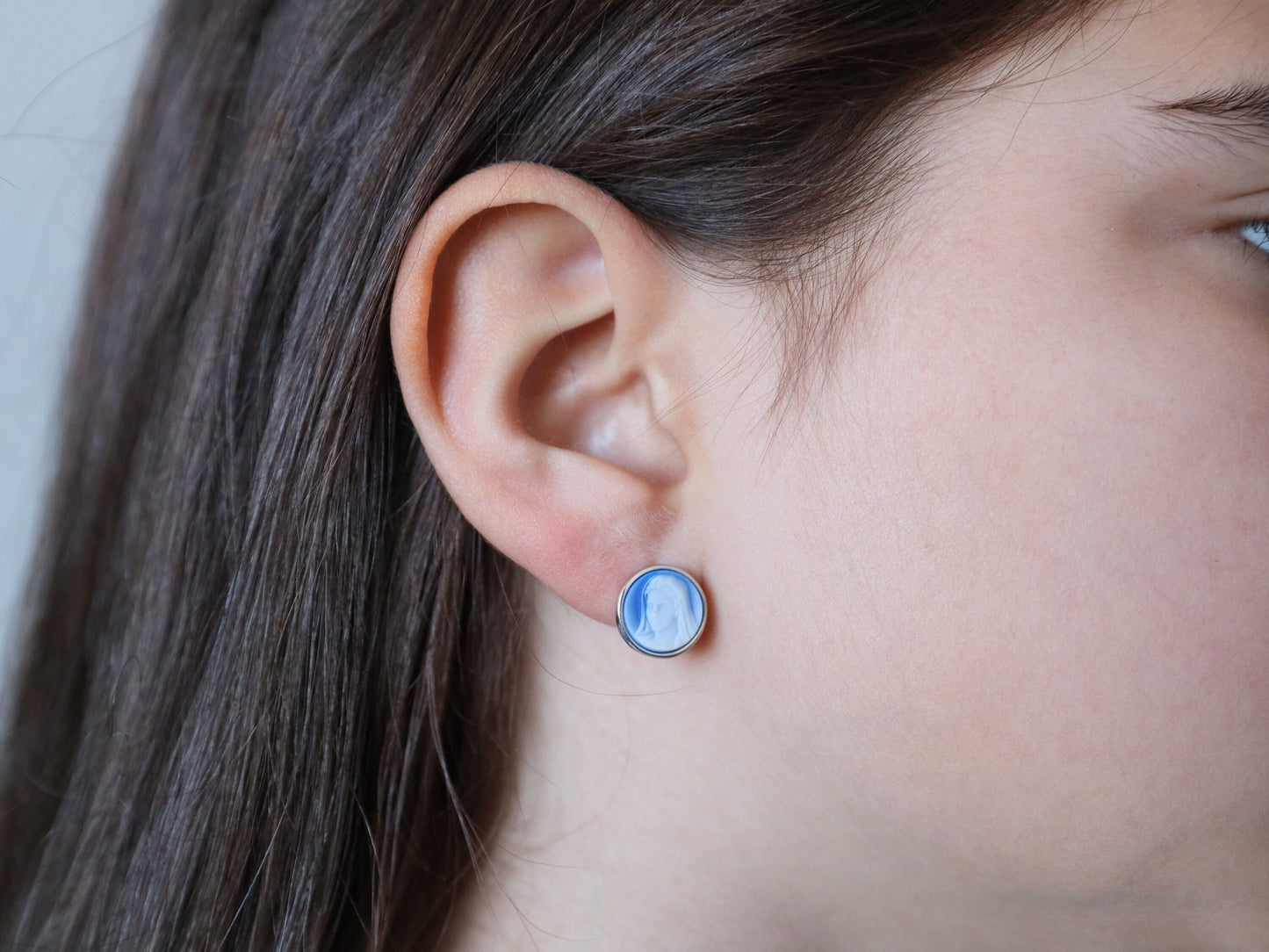 Dainty Virgin Mary earrings, sterling silver 925 blue cameo style earrings, miniature earrings of Our Lady, small earrings for teenage girl
