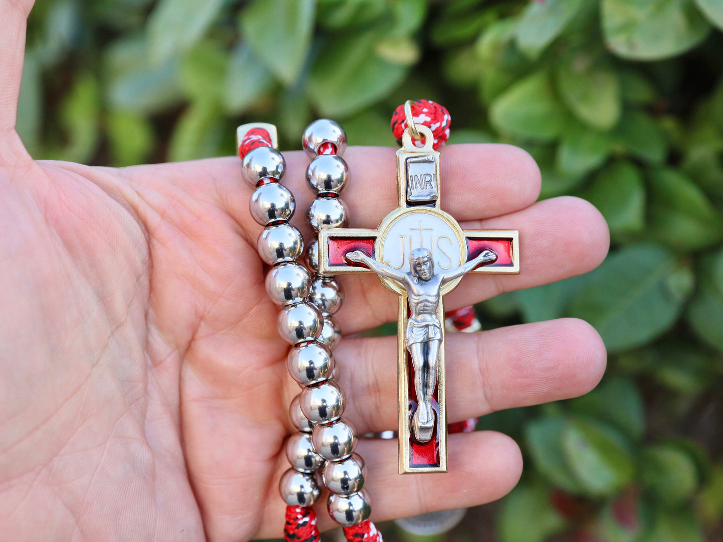 Large Parcord rosary, stainless steel rosary, rosary for man, 10 mm stainless steel beads rosary, tactical rosary, rosary with IHS crucifix