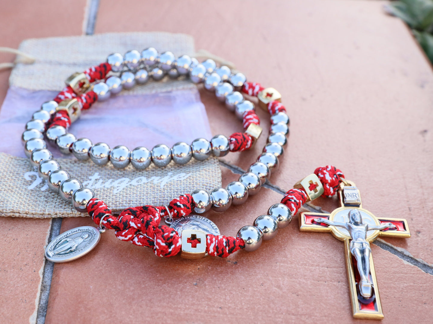 Large Parcord rosary, stainless steel rosary, rosary for man, 10 mm stainless steel beads rosary, tactical rosary, rosary with IHS crucifix