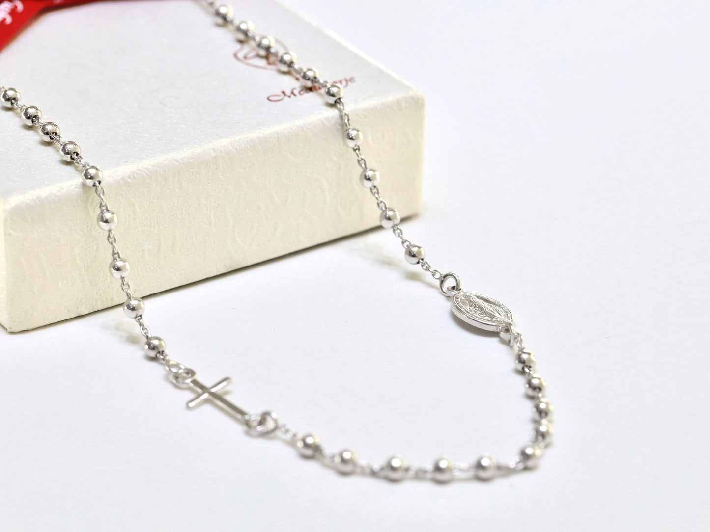 Collar de rosario de 19 pulgadas, regalo ideal para mujeres católicas, collar de rosario de plata de ley 925, delicada Medalla Milagrosa y collar de cruz