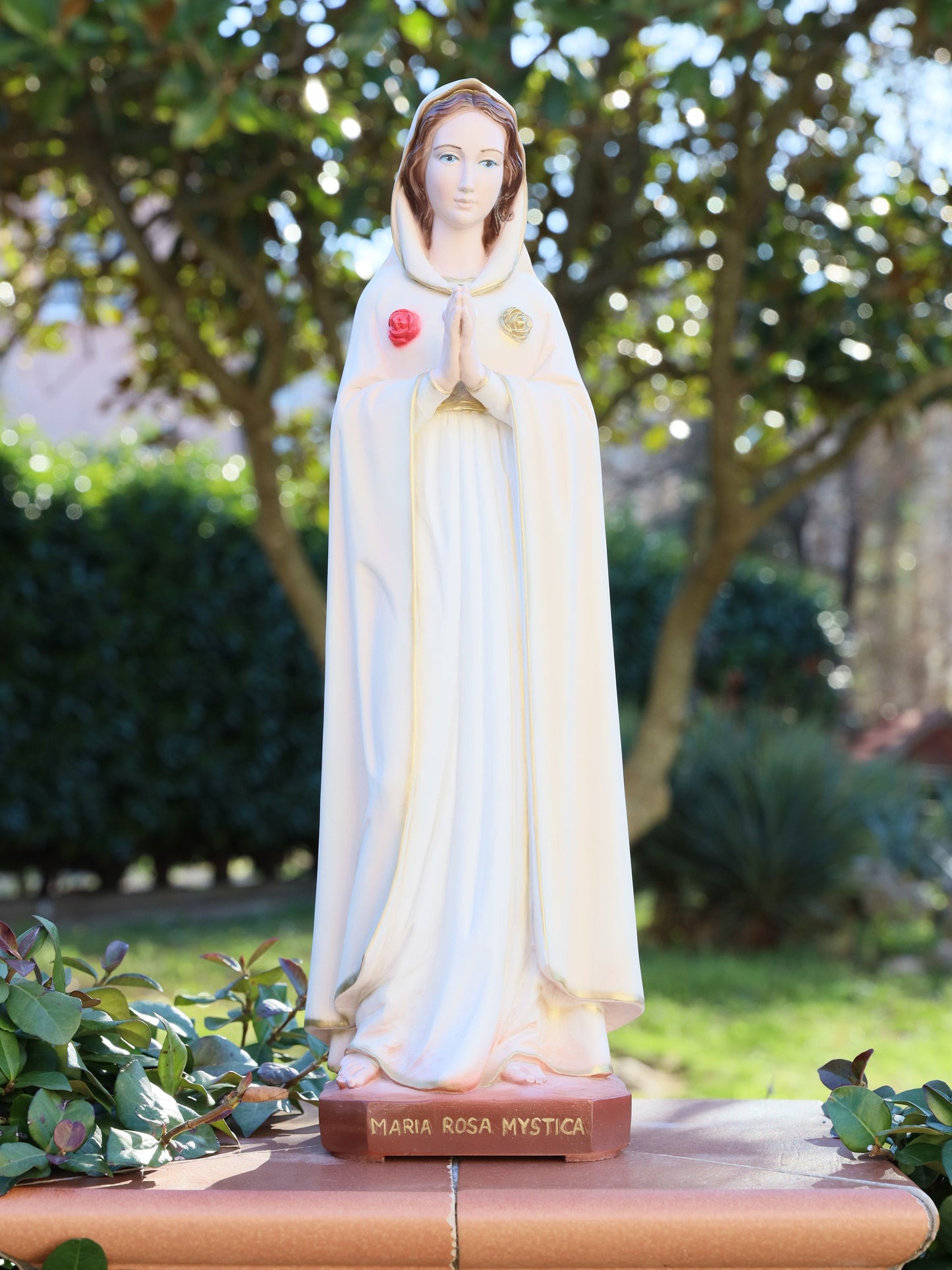 Estatua de Mystique Rose de 50 cm, estatua de Rosa Mistica, estatua de 20 pulgadas de Nuestra Señora, estatua de polvo de mármol de la Virgen María, estatua de jardín católico al aire libre