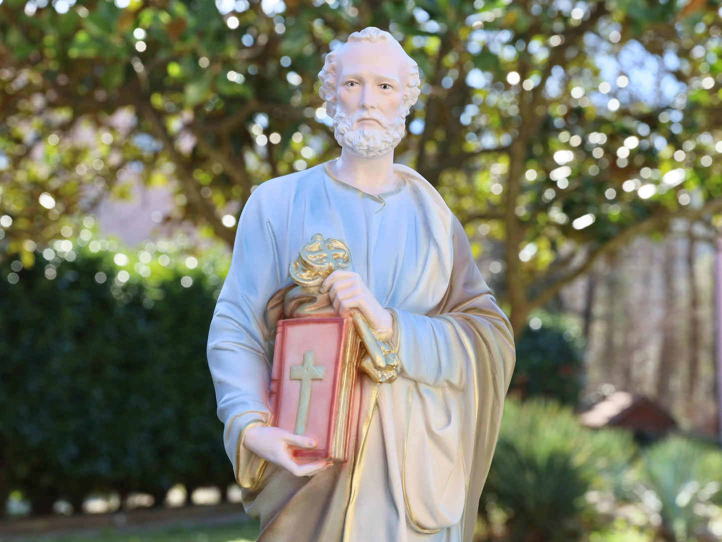 Estatua de San Pedro, estatua grande para jardín, estatua de San Pedro de 60 cm, estatua de polvo de mármol, estatua del altar del hogar, estatua católica pintada a mano
