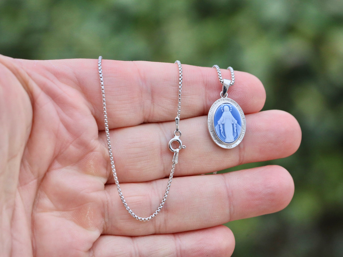Miraculous Medal cameo , sterling silver 925, blue Miraculous Medal, Our Lady of Grace pendant for women, original French Miraculous Medal