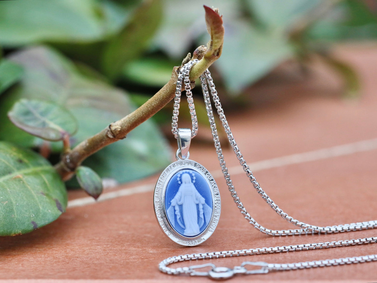 Miraculous Medal cameo , sterling silver 925, blue Miraculous Medal, Our Lady of Grace pendant for women, original French Miraculous Medal