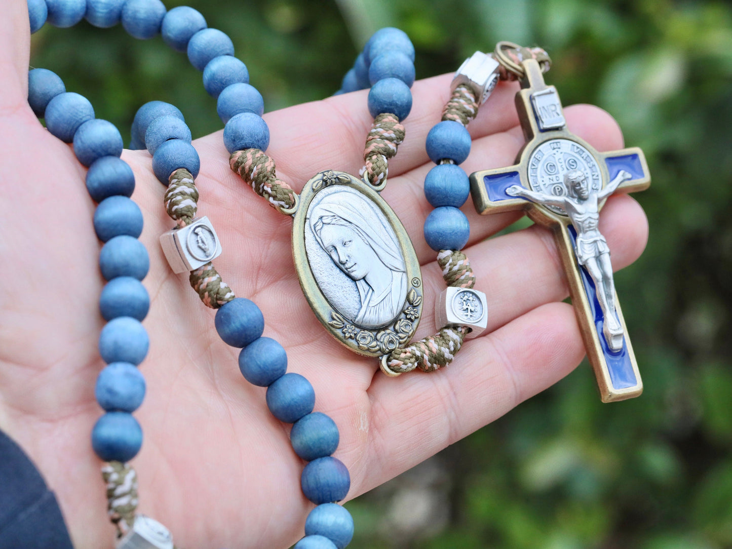 Large Woden rosary, parcord rosary, St Benedict crucifix rosary, Divine Mercy Queen of Peace rosary, 10 mom beads catholic rosary for man