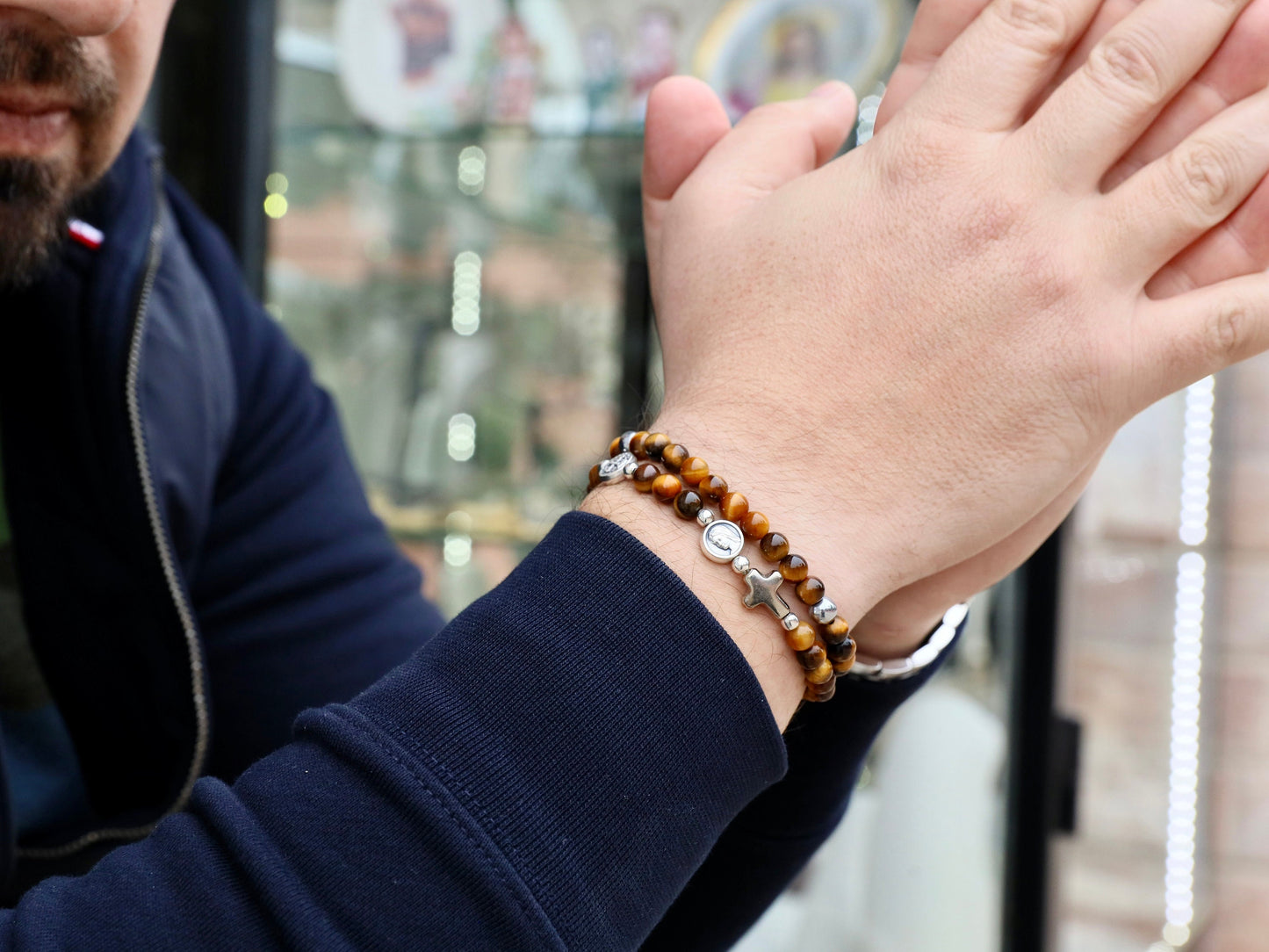 Pulsera rosario para hombre, pulsera rosario completo, pulsera rosario piedra Ojo de Tigre, pulsera doble, pulsera doble vuelta, regalo para novio