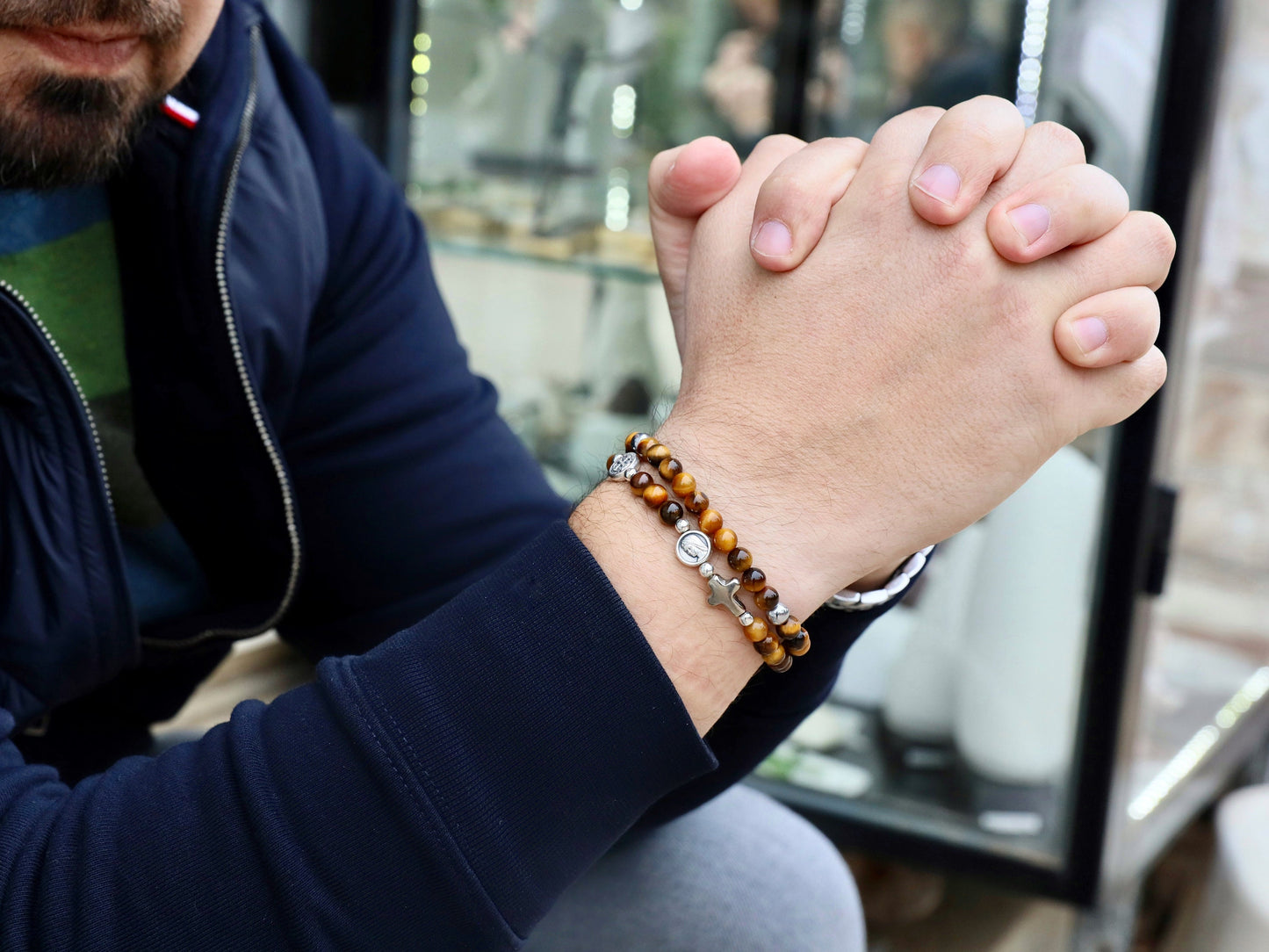 Pulsera rosario para hombre, pulsera rosario completo, pulsera rosario piedra Ojo de Tigre, pulsera doble, pulsera doble vuelta, regalo para novio