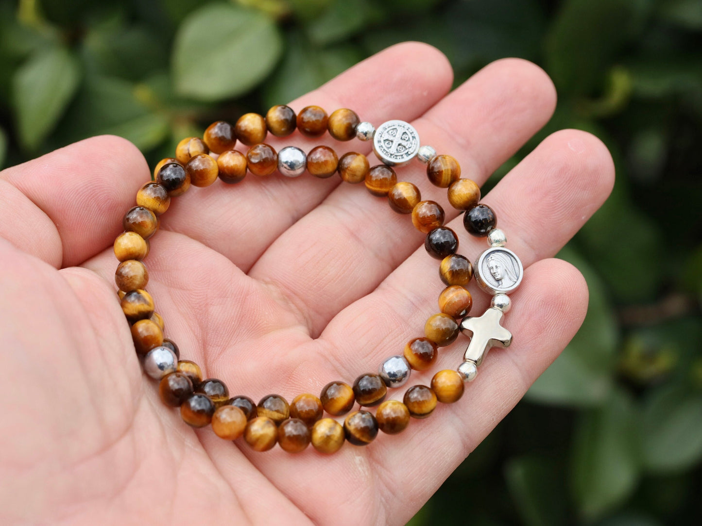 Pulsera rosario para hombre, pulsera rosario completo, pulsera rosario piedra Ojo de Tigre, pulsera doble, pulsera doble vuelta, regalo para novio