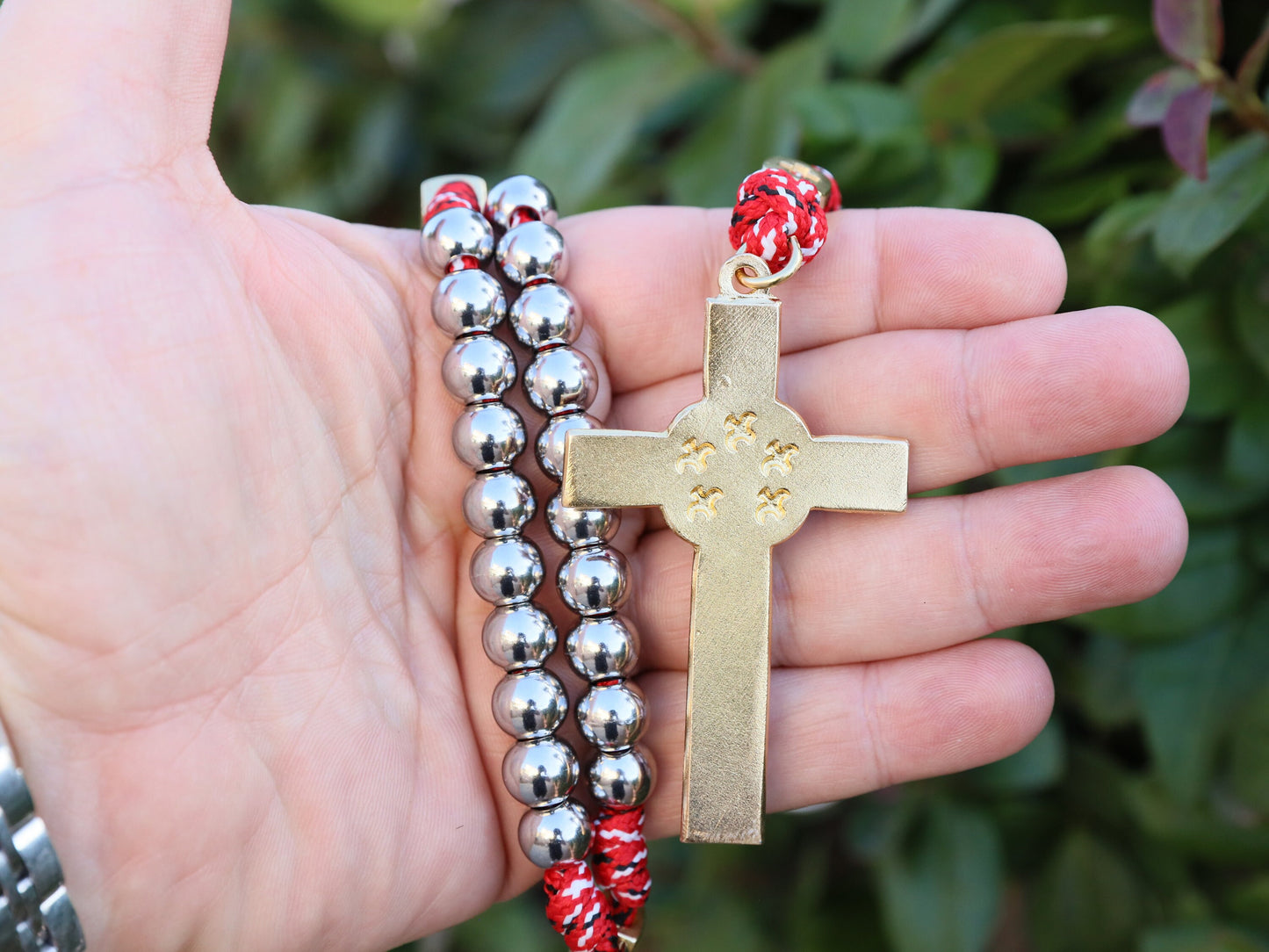 Large Parcord rosary, stainless steel rosary, rosary for man, 10 mm stainless steel beads rosary, tactical rosary, rosary with IHS crucifix