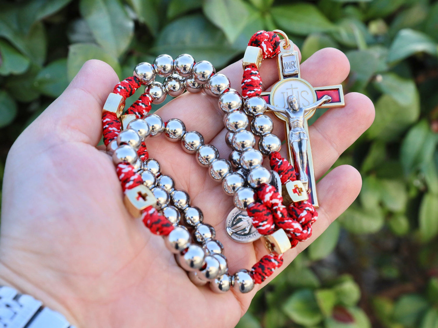 Large Parcord rosary, stainless steel rosary, rosary for man, 10 mm stainless steel beads rosary, tactical rosary, rosary with IHS crucifix