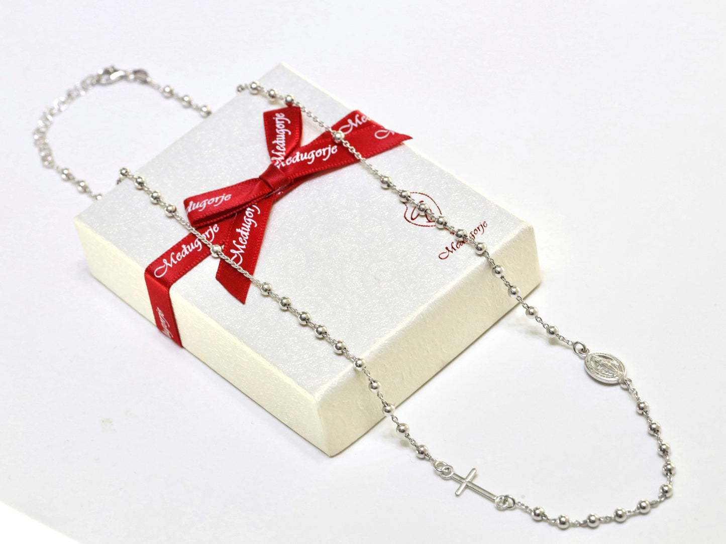 Collar de rosario de 19 pulgadas, regalo ideal para mujeres católicas, collar de rosario de plata de ley 925, delicada Medalla Milagrosa y collar de cruz