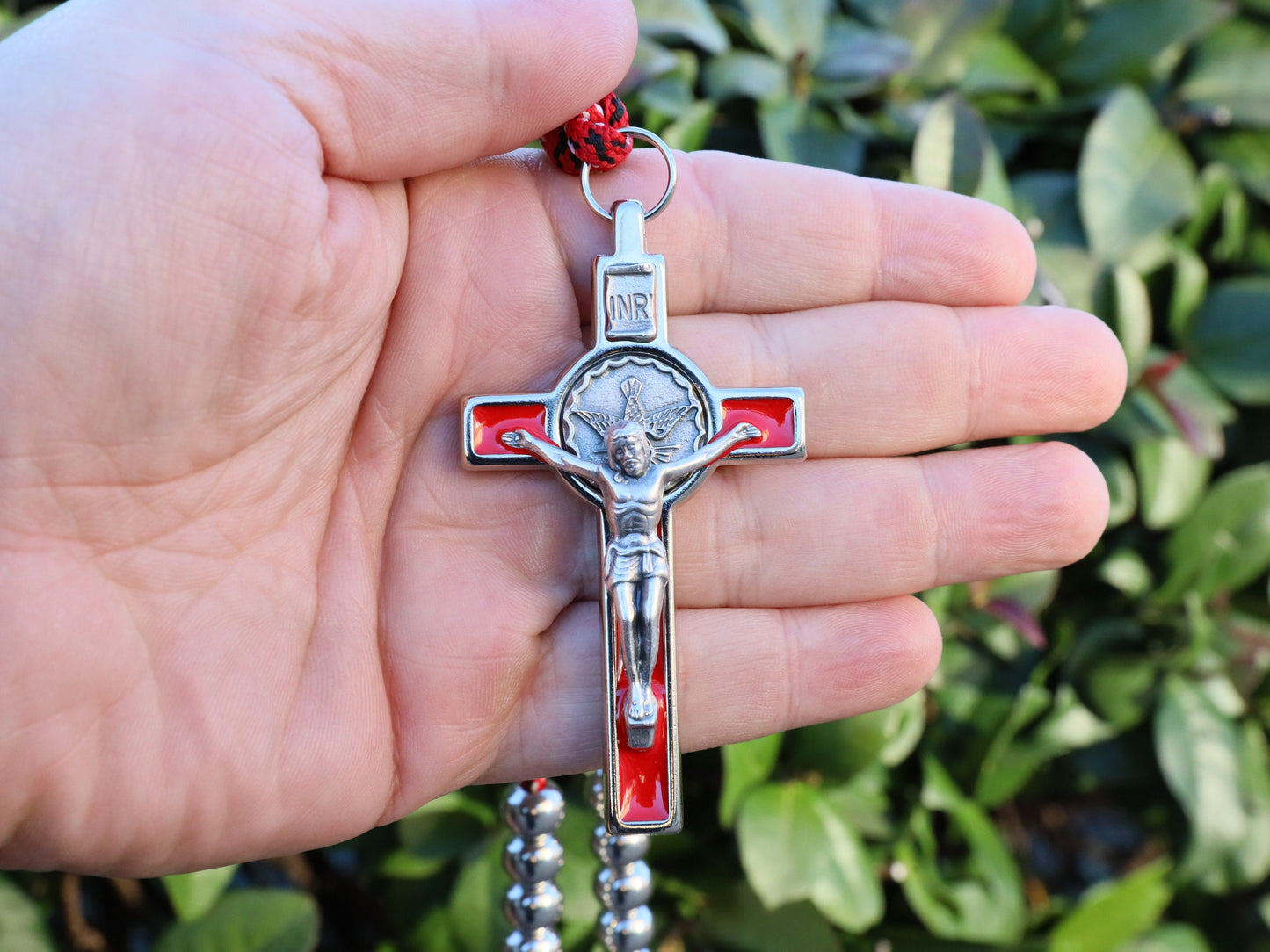 Rosario sólido de acero inoxidable, rosario crucifijo del Espíritu Santo, rosario parcord para hombre, rosario guerrero, rosario de cuentas de 10 mm, rosario parcord rojo