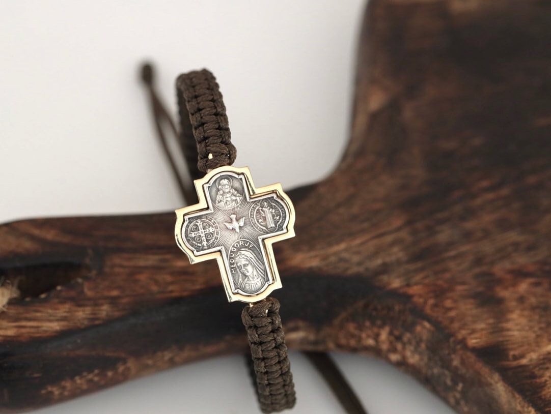 Cruz de cuatro vías de plata de ley, pulsera cruzada, San Benito, Espíritu Santo, Sagrado Corazón de Jesús, pulsera escapularia de Medjugorje, pulsera de hombre