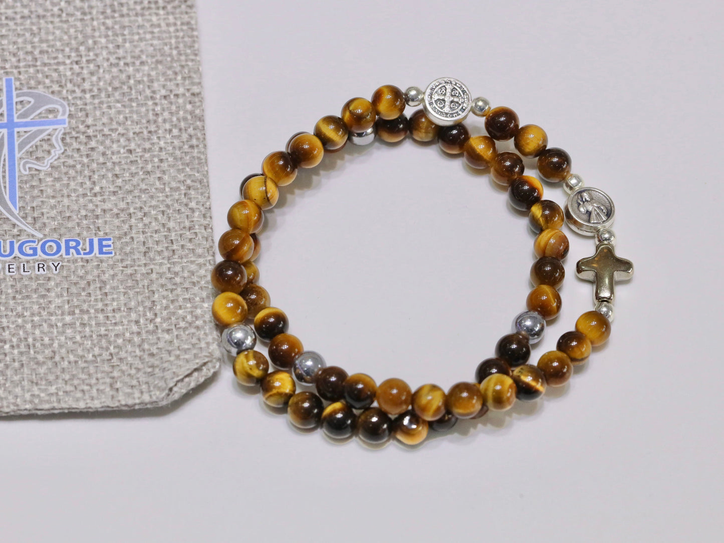 Pulsera rosario para hombre, pulsera rosario completo, pulsera rosario piedra Ojo de Tigre, pulsera doble, pulsera doble vuelta, regalo para novio