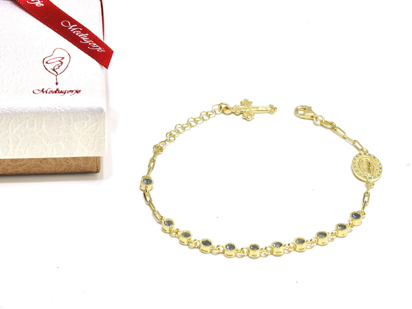 Pulsera Medalla Milagrosa, plata de ley 925, pulsera rosario chapada en oro de 18k para mujer, pulsera rosario de pedrería azul claro para mujer
