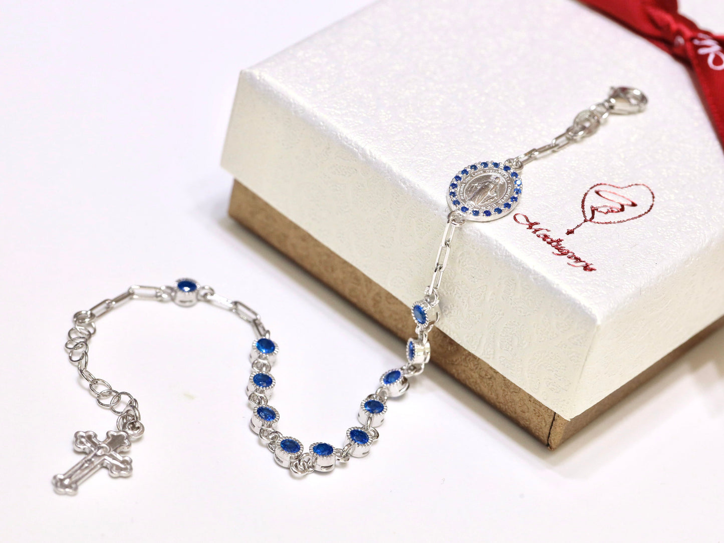 Rosario Medalla Milagrosa, plata de ley 925, década del rosario de pedrería azul para mujeres, pulsera de rosario católico de plata maciza, regalo para mamá