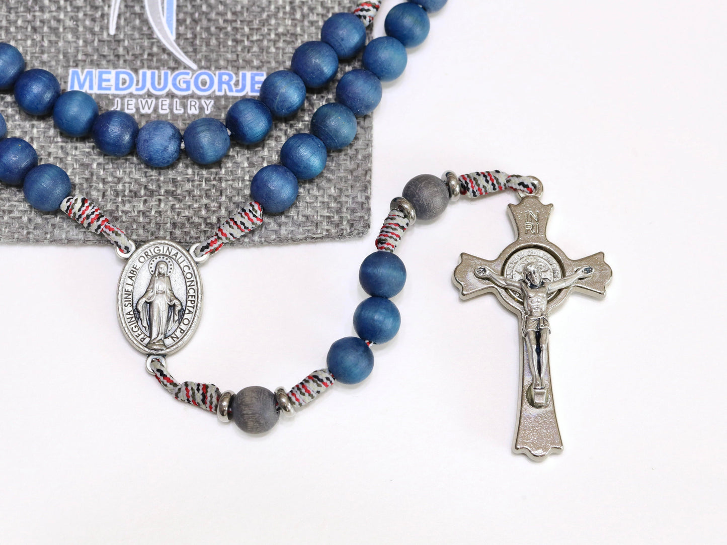 Rosario Paracord azul marino, rosario de madera de acacia, rosario robusto, rosario católico para hombre, rosario robusto con San Benito y Medalla Milagrosa