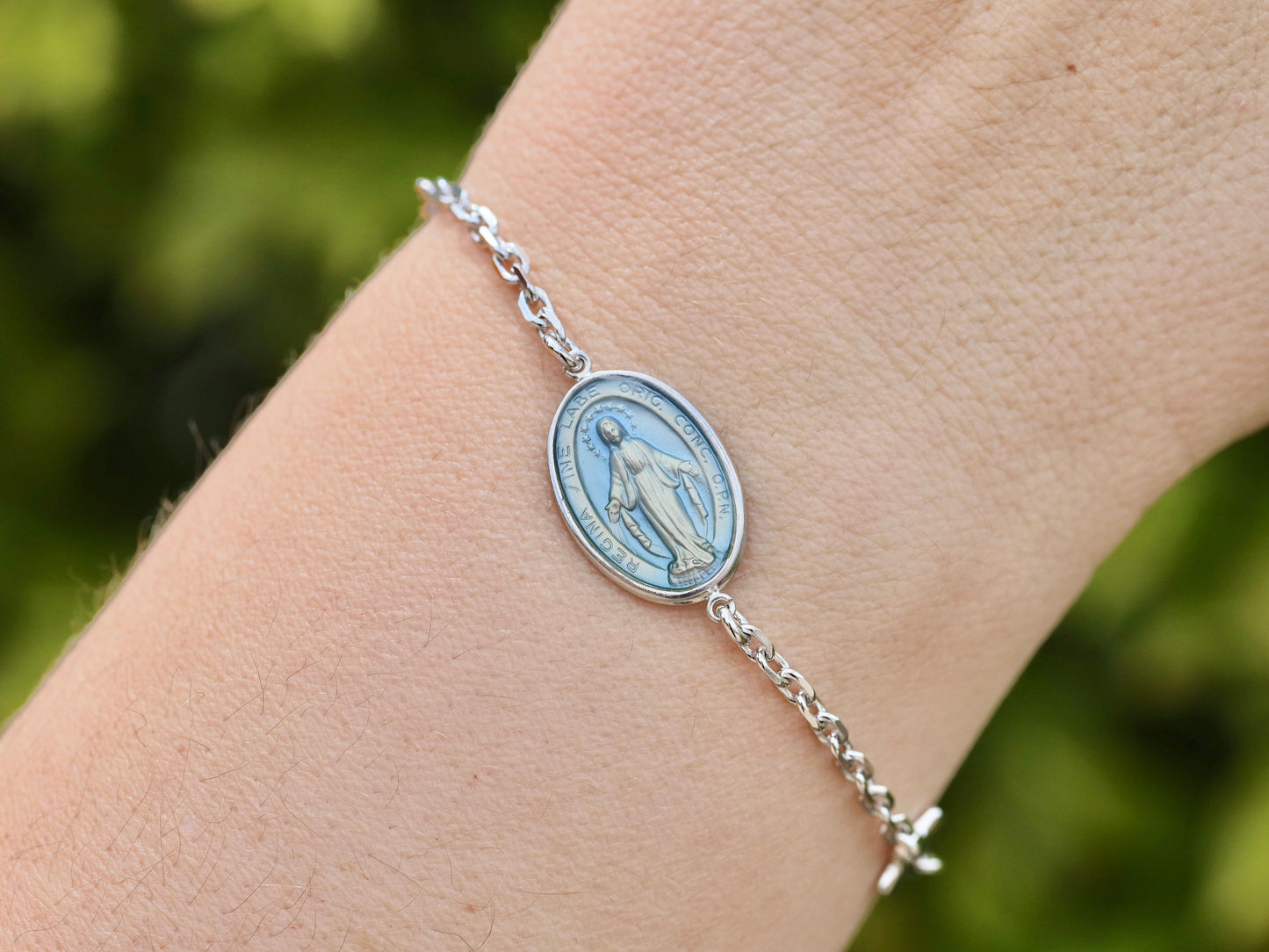 Pulsera grande de la Medalla Milagrosa, plata de ley 925, pulsera de cadena de ancla, pulsera de medalla católica para mujer, Medalla Milagrosa azul