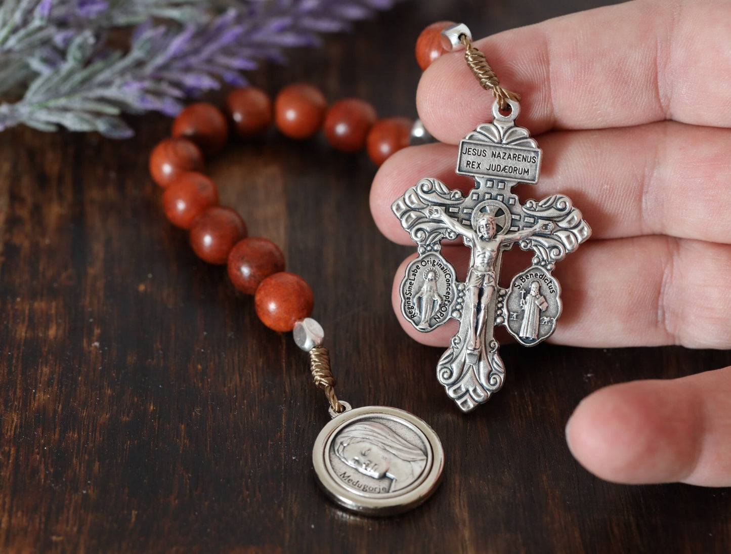 Rosario cruzado de perdón, cuentas de rosario de una década de palo de rosa, rosario de una década de la Reina de la Paz, cuentas de rosario de Medjugorje en miniatura, rosario de bolsillo