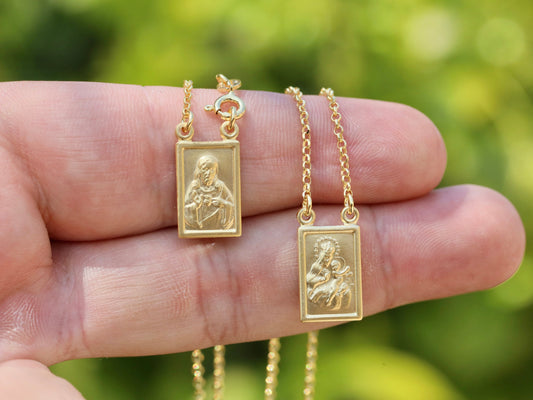 Medalla escapulario, colgante escapulario de plata de ley, escapulario chapado en oro de 18 k, escapulario marrón, Nuestra Señora del Monte Carmelo con Sagrado Corazón de Jesús