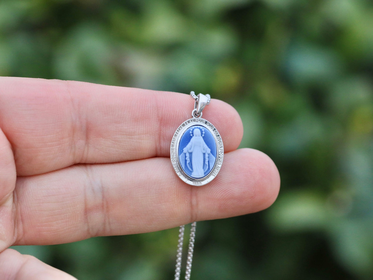 Miraculous Medal cameo , sterling silver 925, blue Miraculous Medal, Our Lady of Grace pendant for women, original French Miraculous Medal