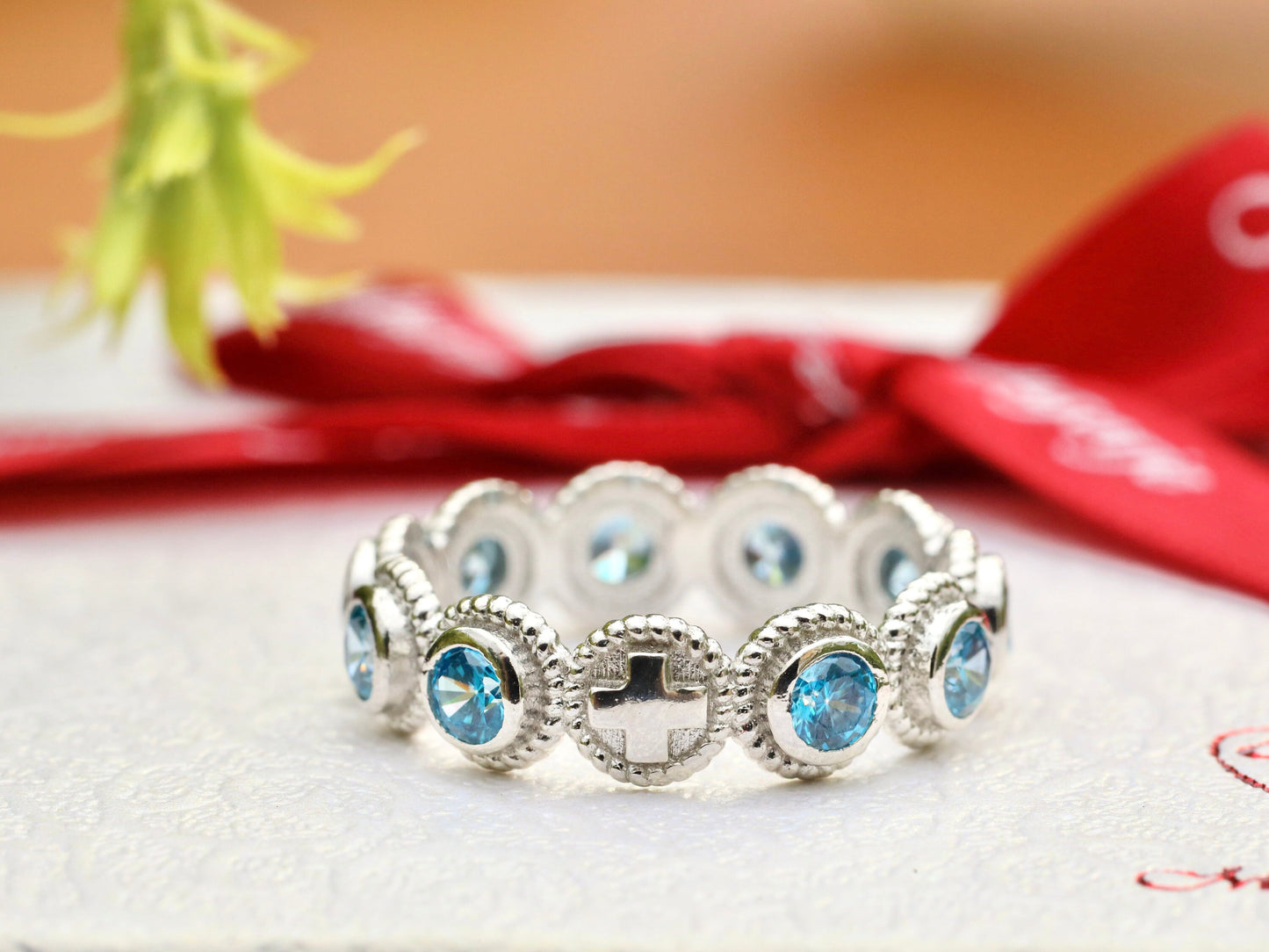 Anillo de rosario de plata de ley, anillo de pedrería, anillo de rosario de circonio cúbico azul para mujer, rosario de una década con cruz, anillo de rosario católico