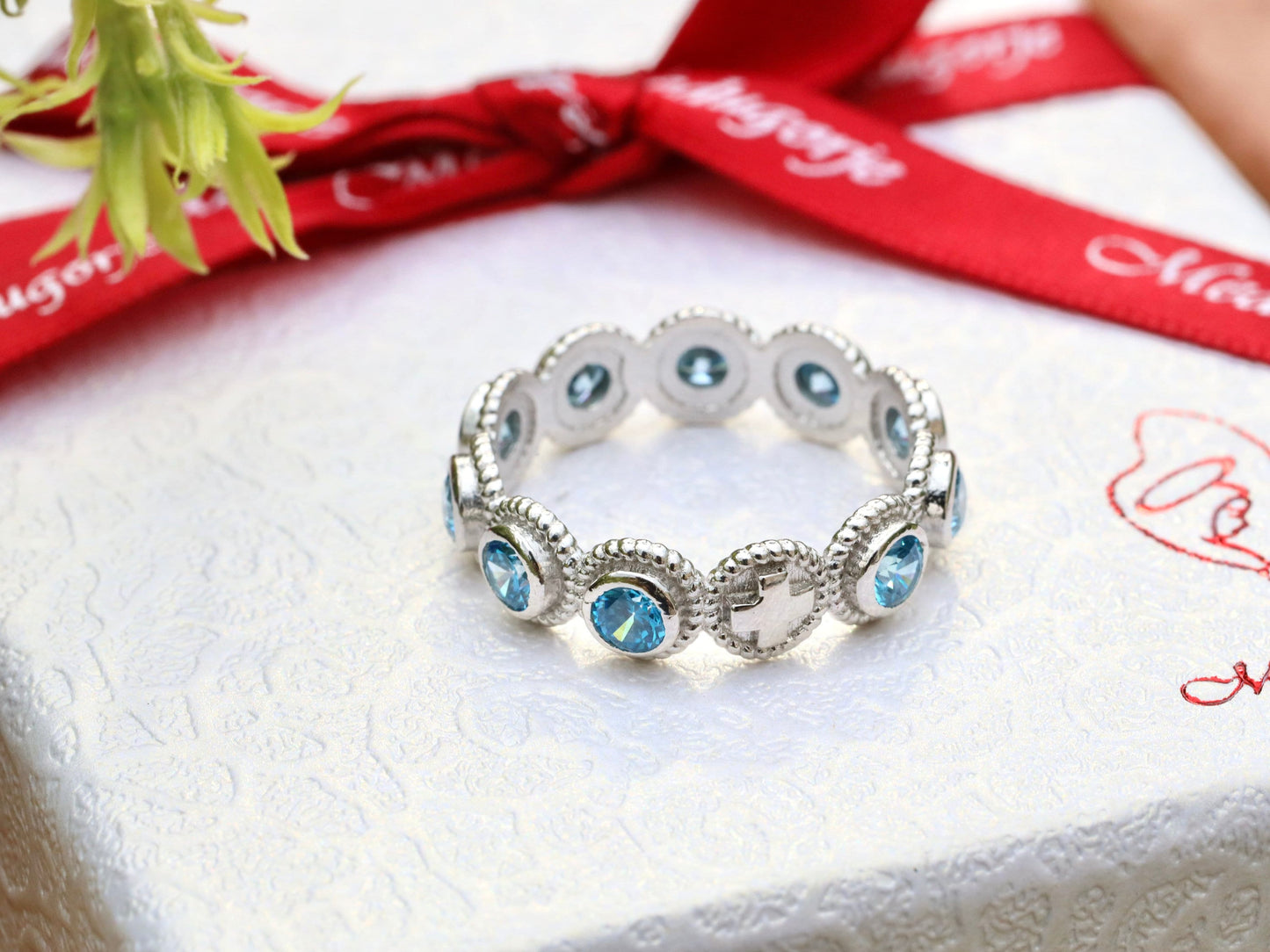 Anillo de rosario de plata de ley, anillo de pedrería, anillo de rosario de circonio cúbico azul para mujer, rosario de una década con cruz, anillo de rosario católico