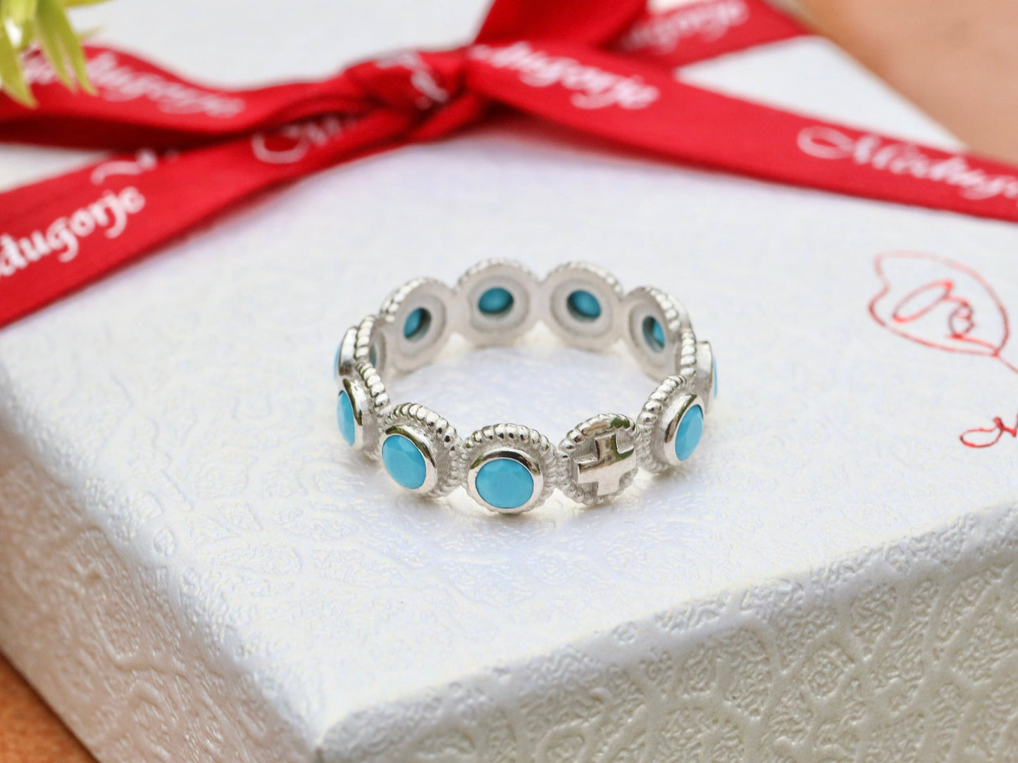 Anillo rosario, plata de primera ley 925, rosario de una década con piedra azul turquesa, anillo rosario para mujer católica, anillo cruz, rosario católico