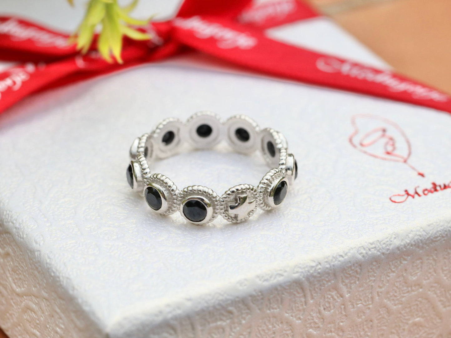 Anillo de rosario, plata de ley 925, rosario de una década, anillo de rosario de pedrería negra, anillo cruzado, anillo para mujeres católicas, rosario católico