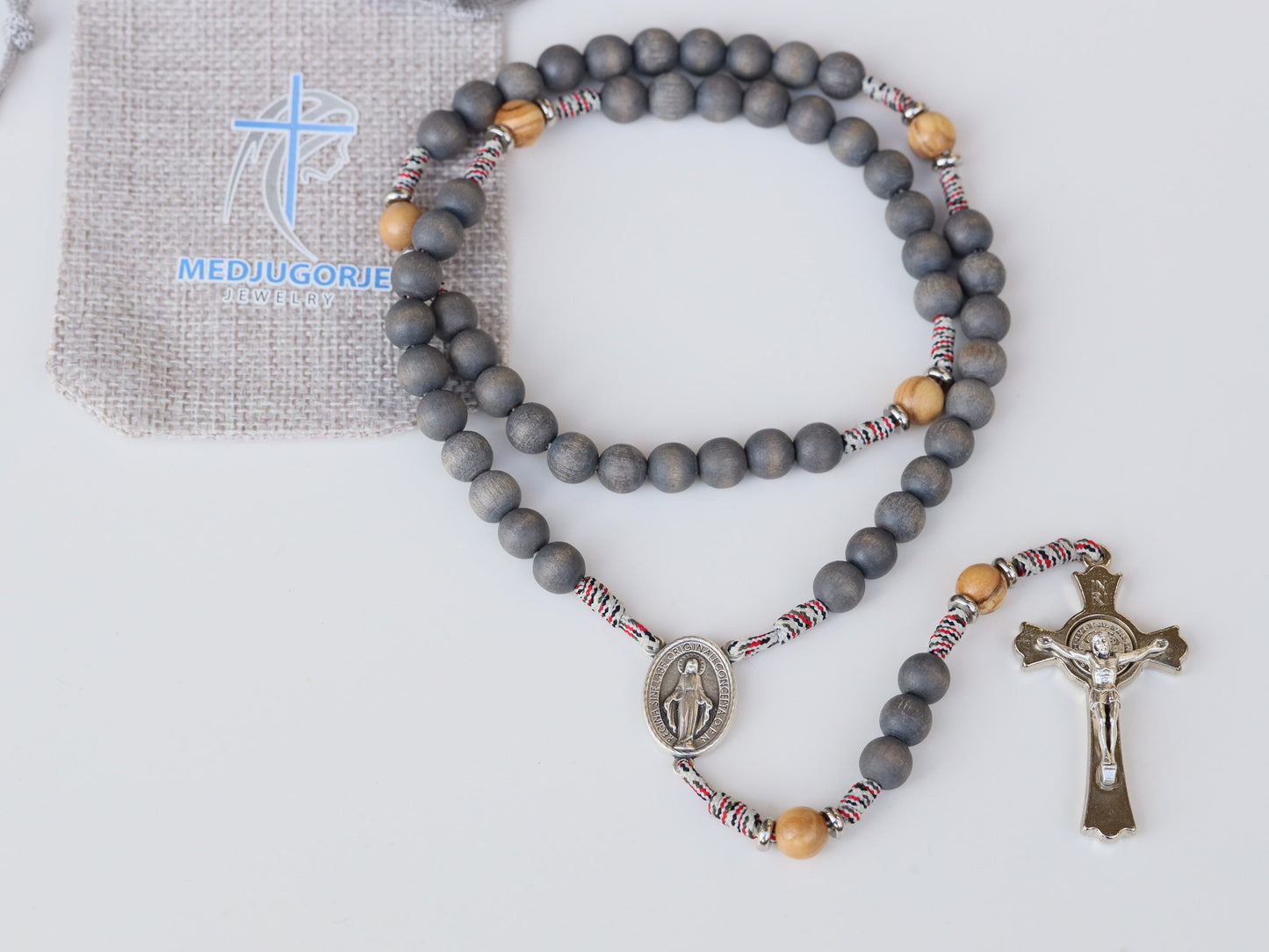 Rosario Parcord, rosario de madera hecho a mano, cruz de San Benito y rosario de la Medalla Milagrosa, pequeño rosario guerrero Paracord, regalo de rosario para el hombre