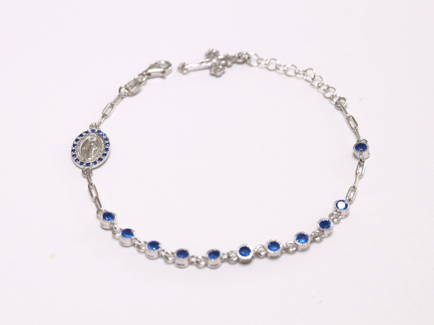 Rosario Medalla Milagrosa, plata de ley 925, década del rosario de pedrería azul para mujeres, pulsera de rosario católico de plata maciza, regalo para mamá