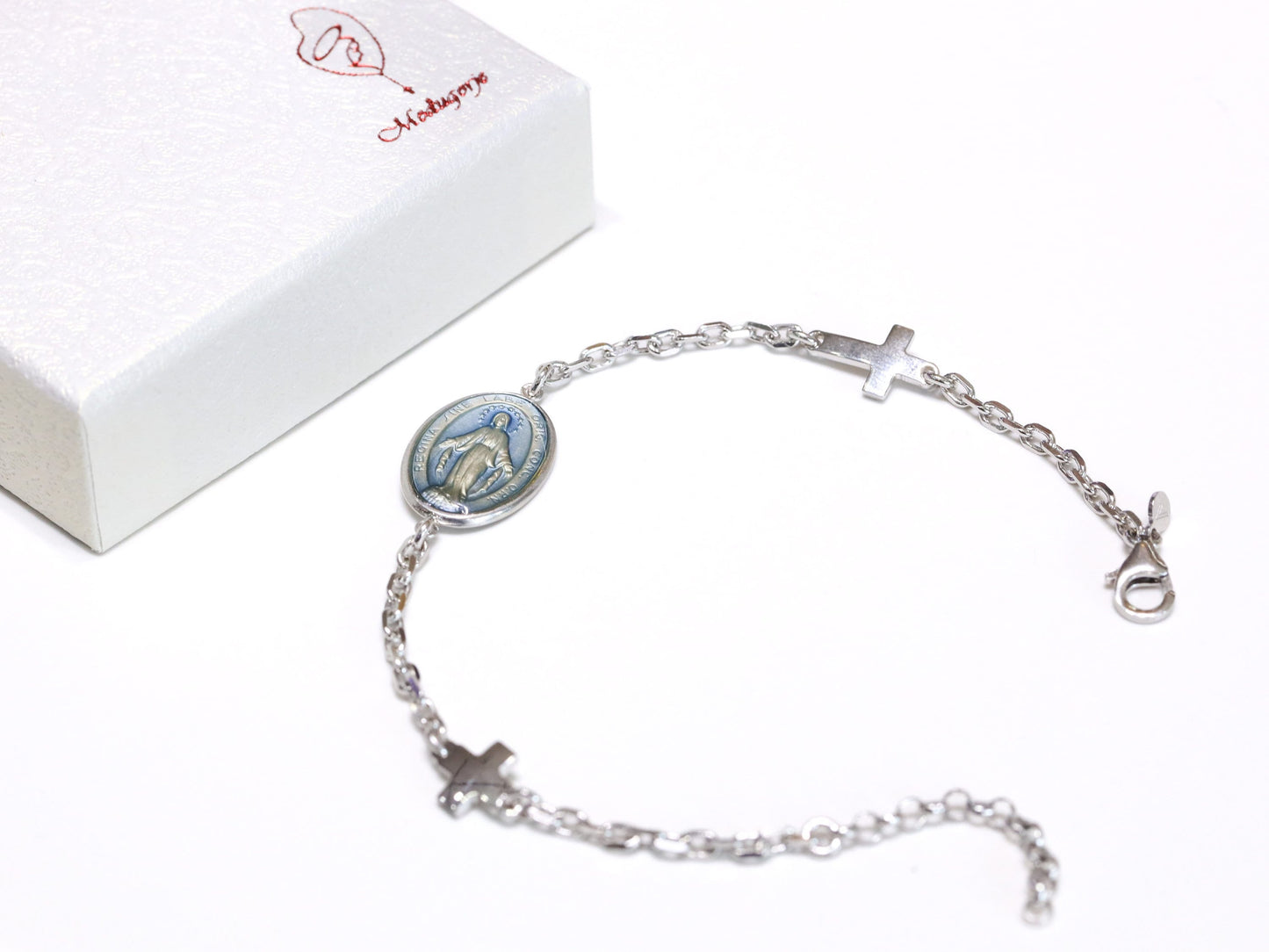 Pulsera grande de la Medalla Milagrosa, plata de ley 925, pulsera de cadena de ancla, pulsera de medalla católica para mujer, Medalla Milagrosa azul