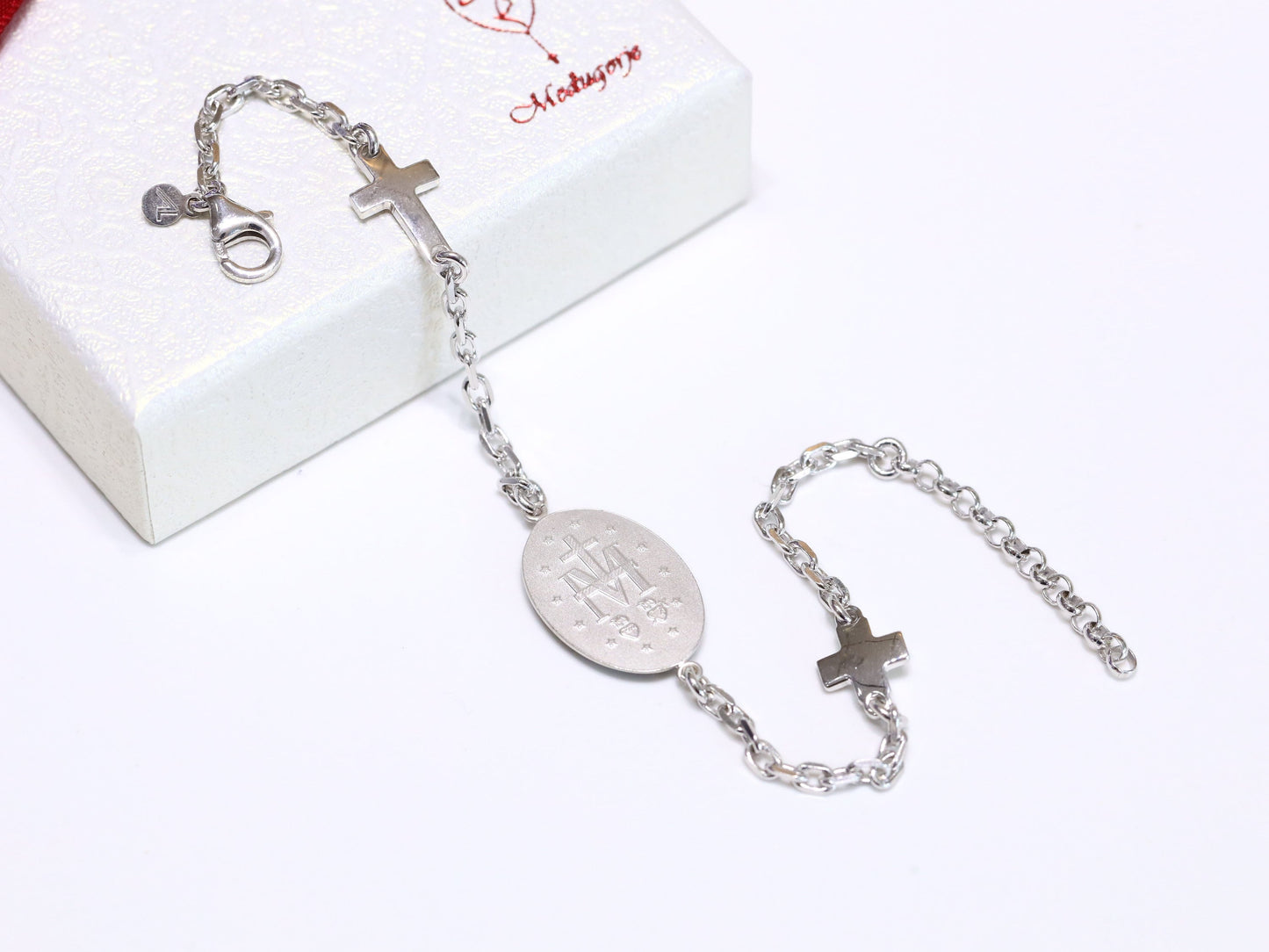 Pulsera grande de la Medalla Milagrosa, plata de ley 925, pulsera de cadena de ancla, pulsera de medalla católica para mujer, Medalla Milagrosa azul
