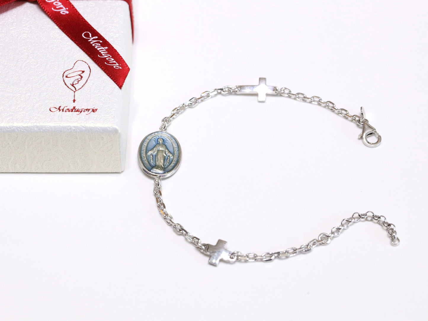 Pulsera grande de la Medalla Milagrosa, plata de ley 925, pulsera de cadena de ancla, pulsera de medalla católica para mujer, Medalla Milagrosa azul
