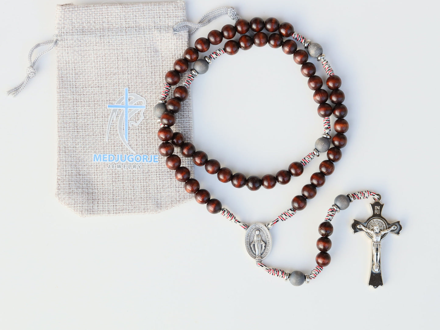 Rosario pequeño de madera, rosario marrón, crucifijo de San Benito y rosario medalla milagrosa, rosario para hombre o mujer, rosario católico con bolsa