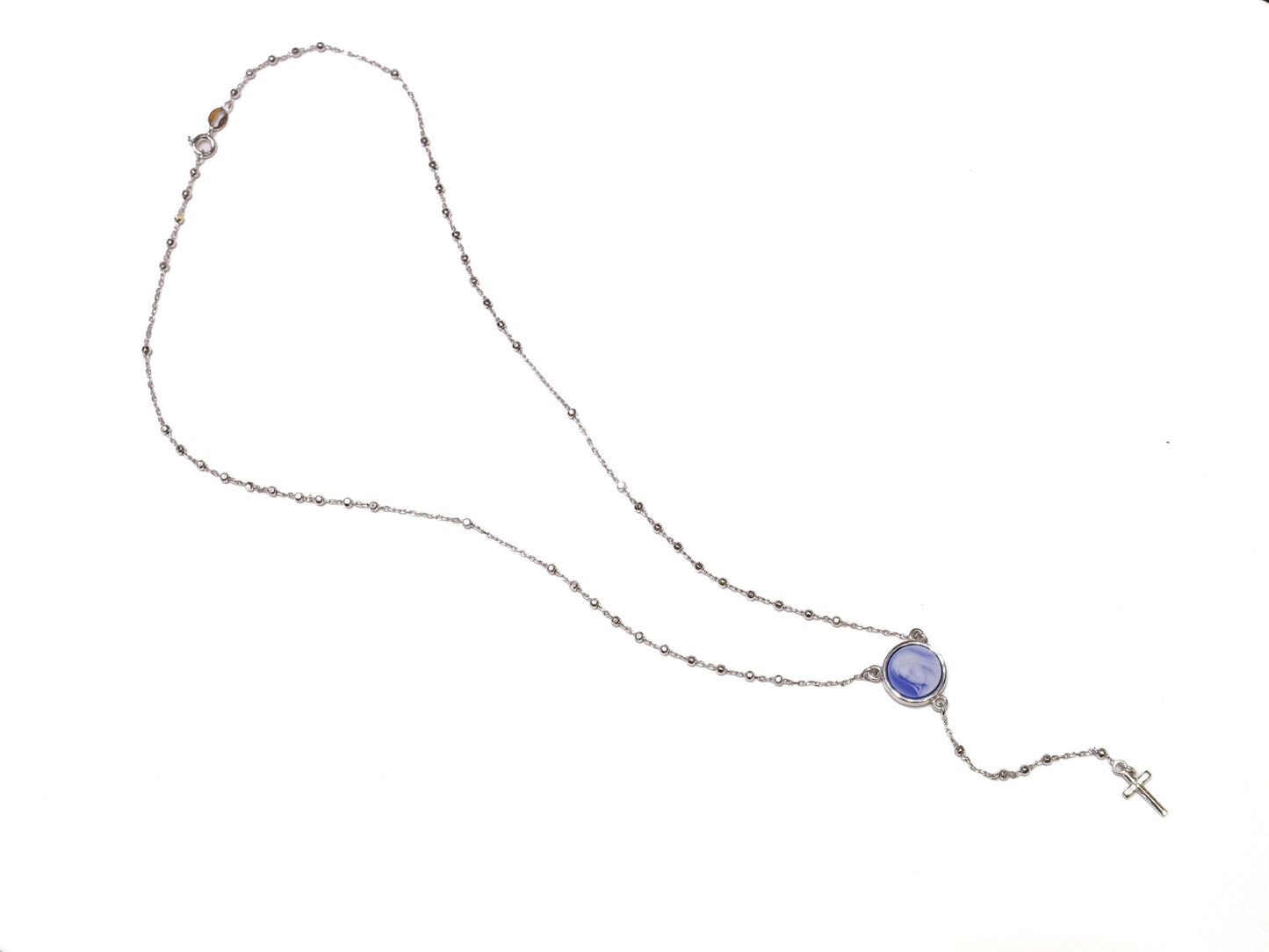 Collar de rosario para mujer, rosario de plata de ley 925, collar de rosario delicado con medalla de cameo, collar de rosario Reina de la Paz, rosario azul