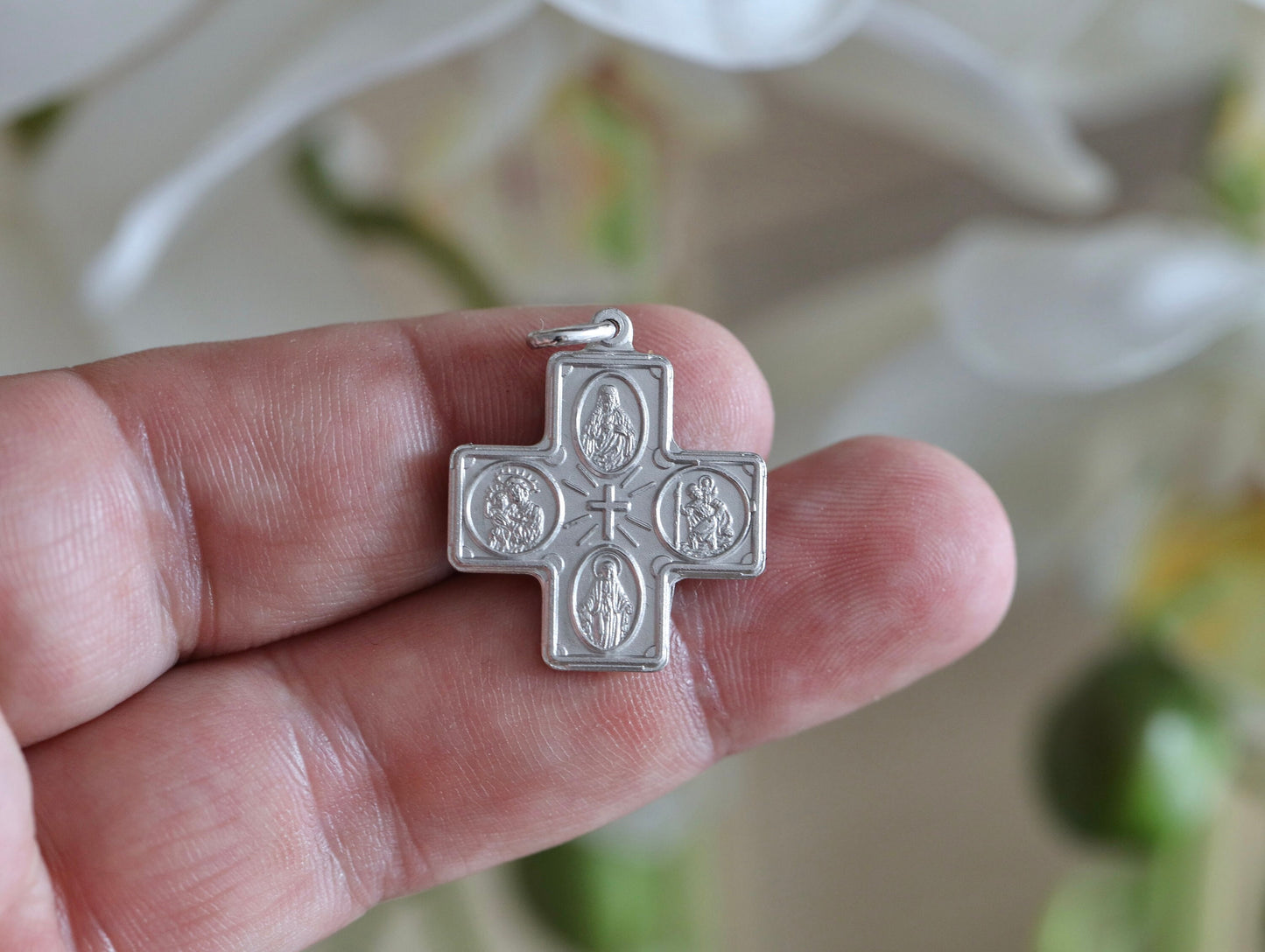 Four way cross, 4way medal. Sterling silver 925 cross, cross with St Joseph Virgin Mary Sacred Heart St Christopher and Miraculous Medal