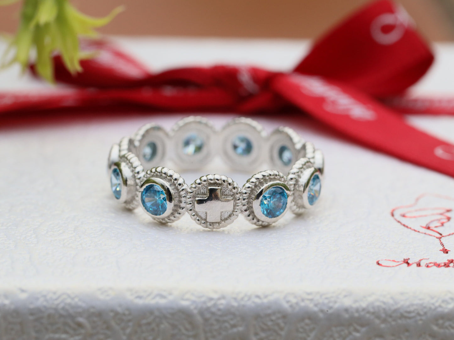 Anillo de rosario de plata de ley, anillo de pedrería, anillo de rosario de circonio cúbico azul para mujer, rosario de una década con cruz, anillo de rosario católico