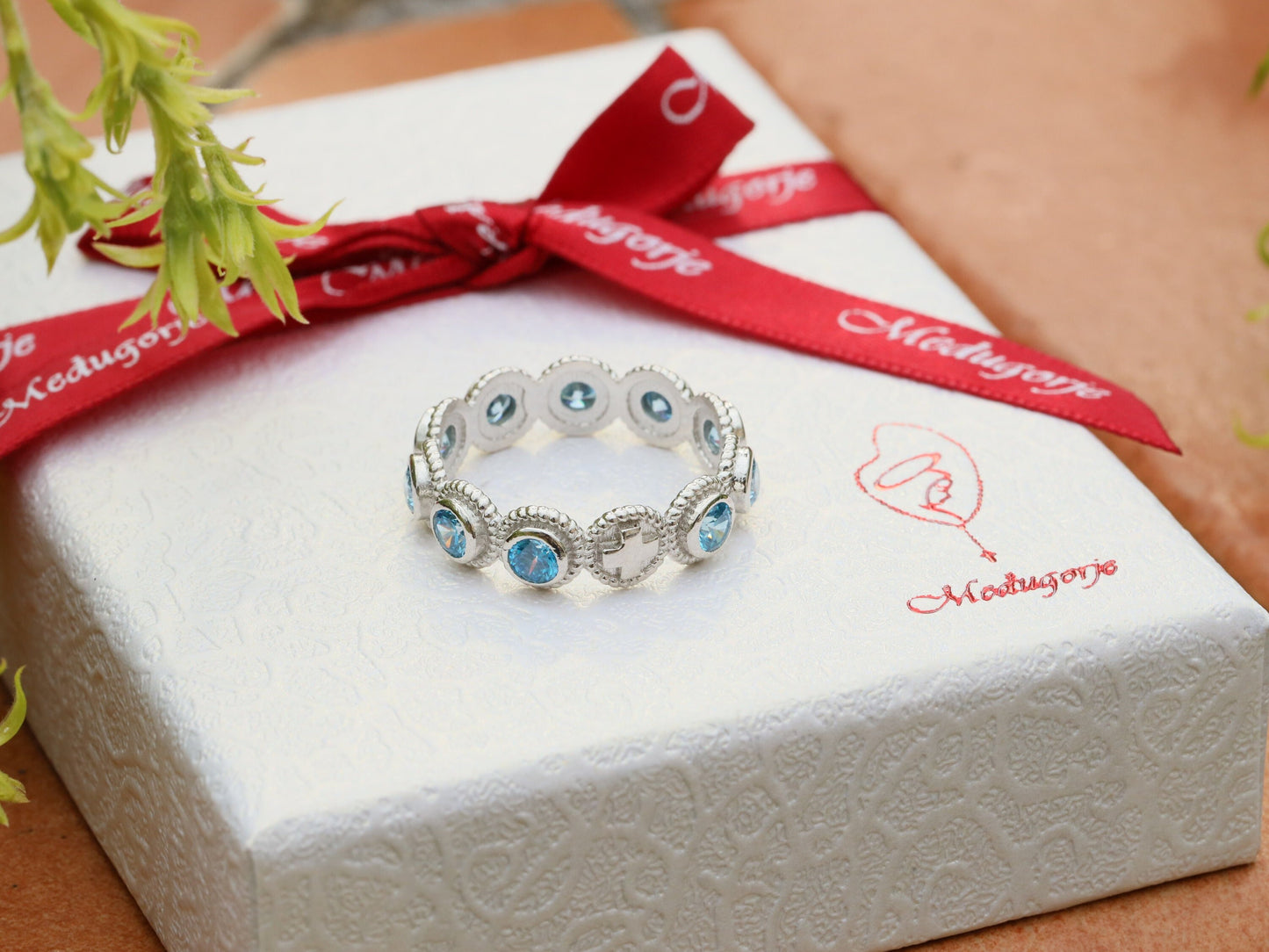 Anillo de rosario de plata de ley, anillo de pedrería, anillo de rosario de circonio cúbico azul para mujer, rosario de una década con cruz, anillo de rosario católico