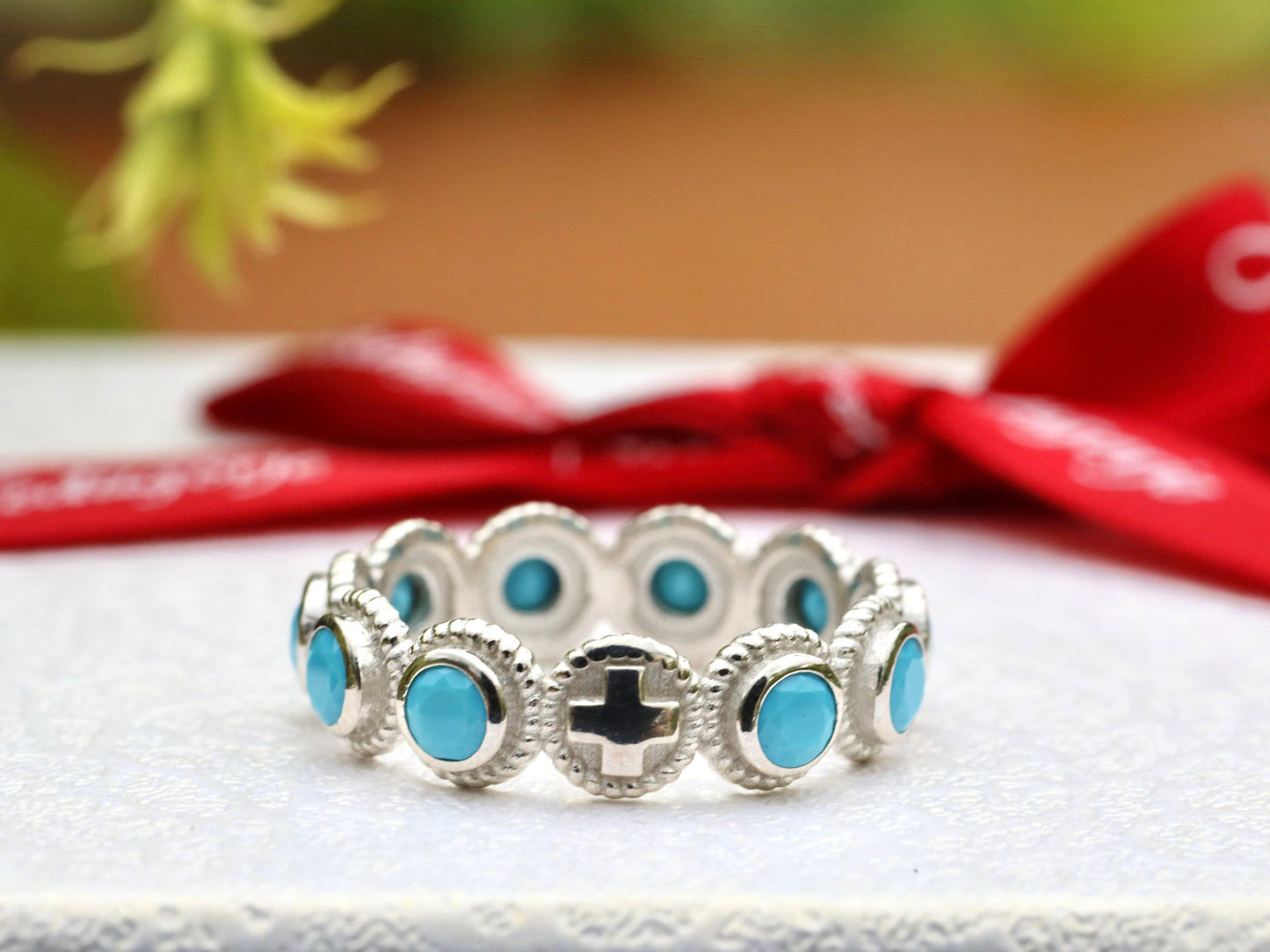 Anillo rosario, plata de primera ley 925, rosario de una década con piedra azul turquesa, anillo rosario para mujer católica, anillo cruz, rosario católico