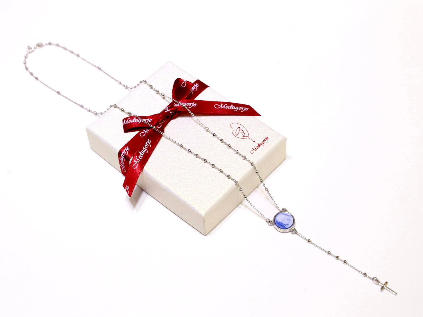 Collar de rosario para mujer, rosario de plata de ley 925, collar de rosario delicado con medalla de cameo, collar de rosario Reina de la Paz, rosario azul