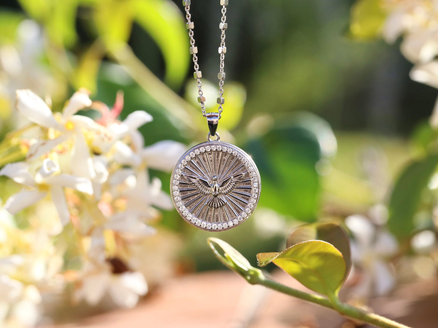 Colgante Espíritu Santo de 20 mm, colgante de plata de ley 925, medalla redonda de la Paloma del Espíritu Santo, medalla de santo católico, regalo para mujeres católicas