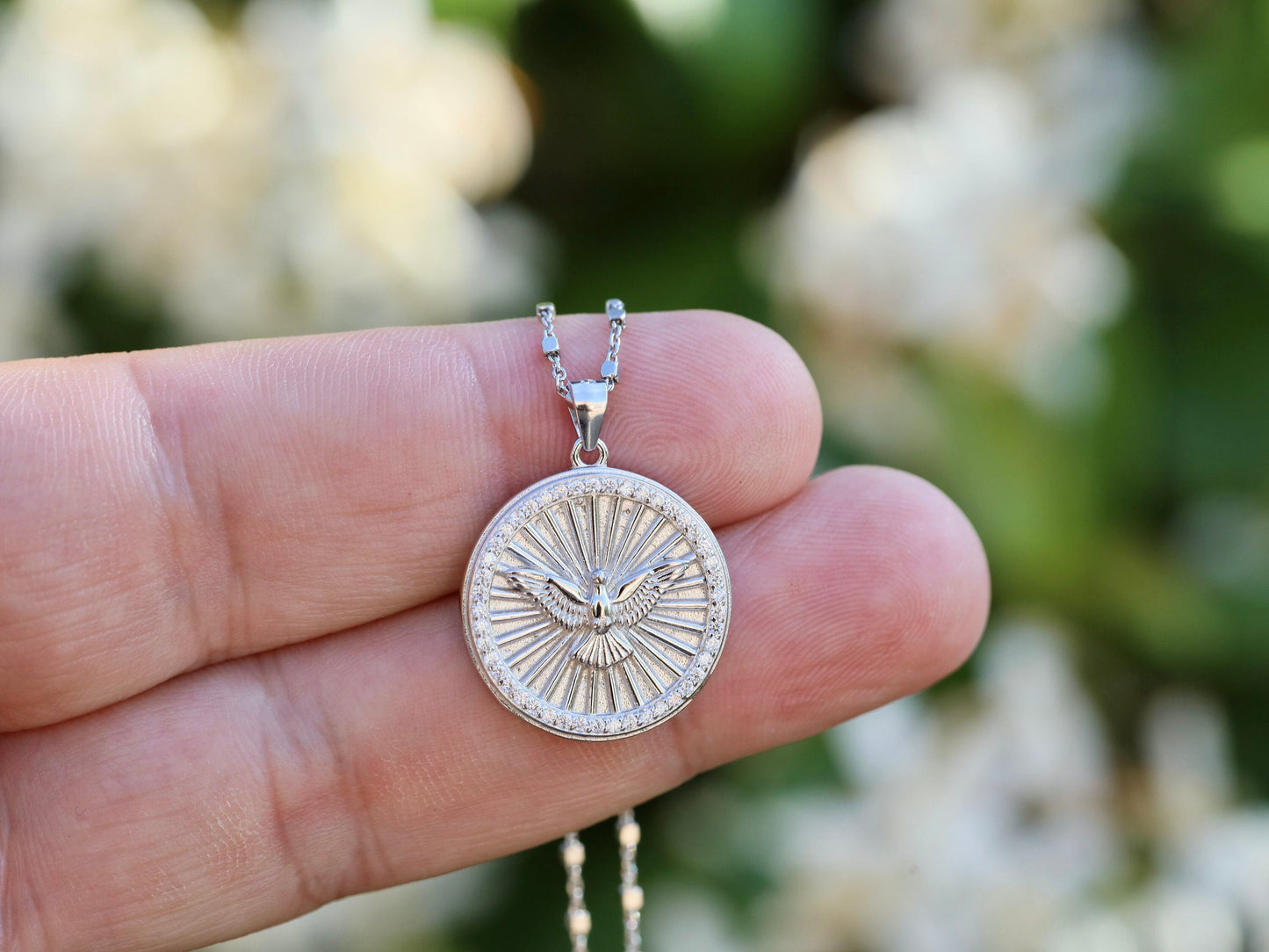 Colgante Espíritu Santo de 20 mm, colgante de plata de ley 925, medalla redonda de la Paloma del Espíritu Santo, medalla de santo católico, regalo para mujeres católicas